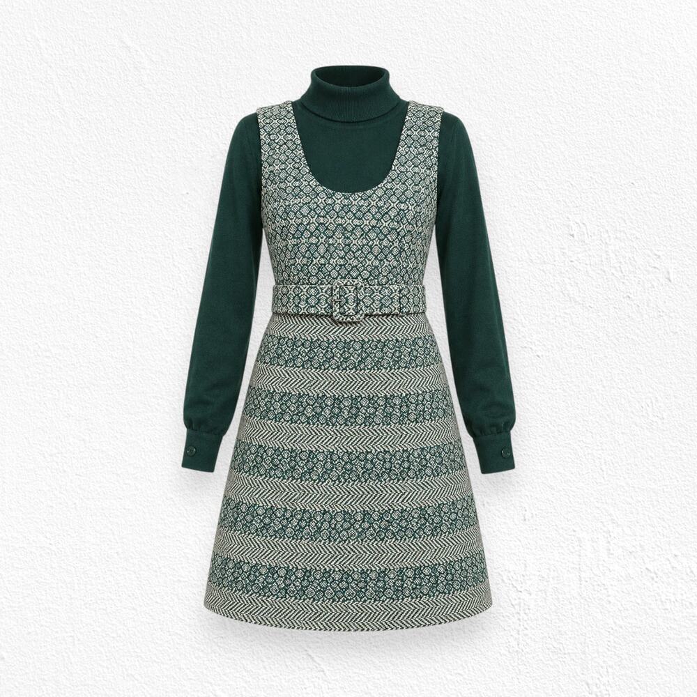 Vintage 1970s Green White Tweed Jumper Turtleneck Belted Dress Size Small